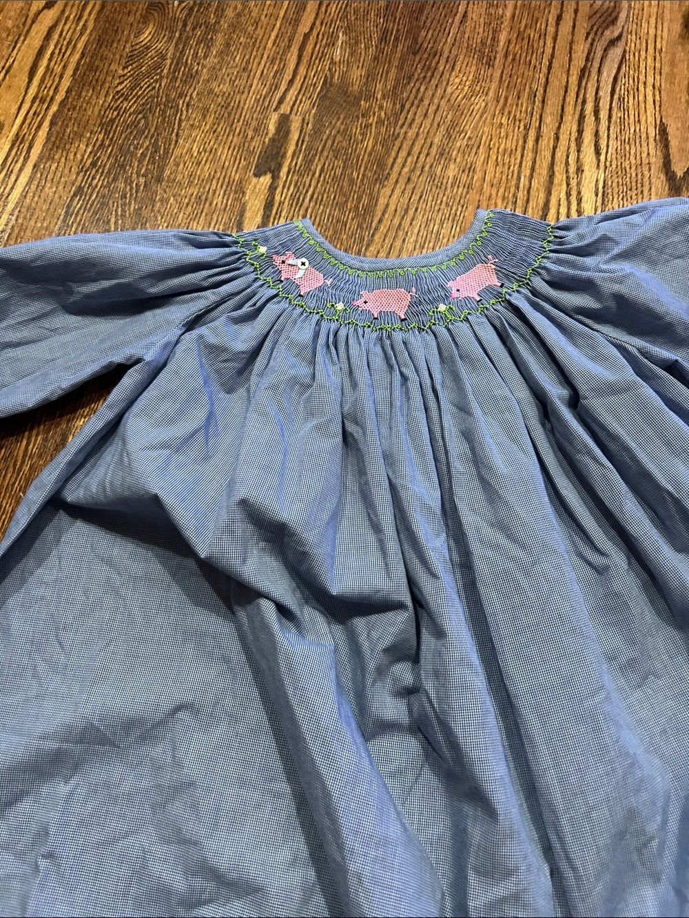Blue Smocked Piglet Long-Sleeve Kids Dress